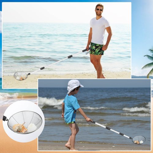 Relaxgiant 2 Pcs Full Size Beach Scoop Shovel Adjustable from 35" to 64" Sand Sifter for The Beach Sand Shovel Include 4. 5" and 6. 1" Basket Reliable Sifter Tool for Beachcombing Walking Hiking