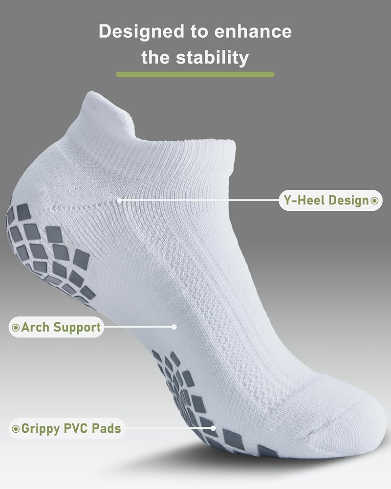 Pilates Grip Socks Cushioned Slipper Non-Slip for Women Men White Large