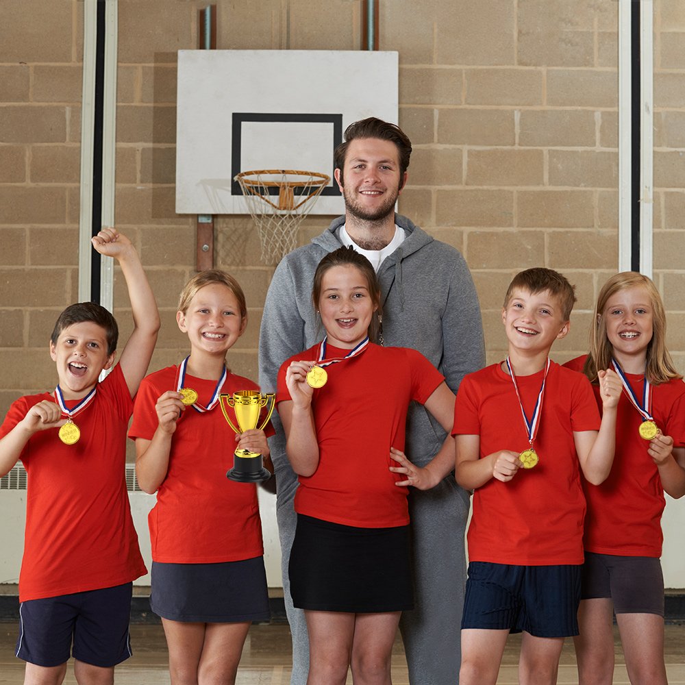 FEPITO 30 Pcs Trophies Medals Set 10Pcs Gold Plastic Trophy Cup and 20Pcs Winner Medals for Kid Party Sports Awards