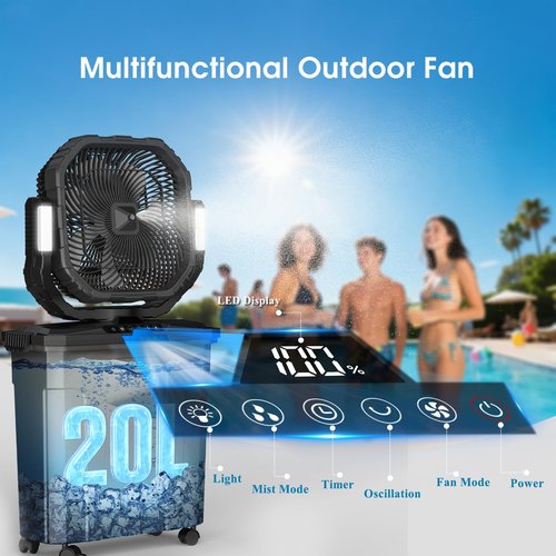 Ausic 20L 12Inch Portable Misting Bucket Fan, 30000mAh Oscillating Outdoor Fans with Remote Control, Rechargeable Battery Powered Camping Fan with Water Spray for Patios, Beach/Travel Essentials