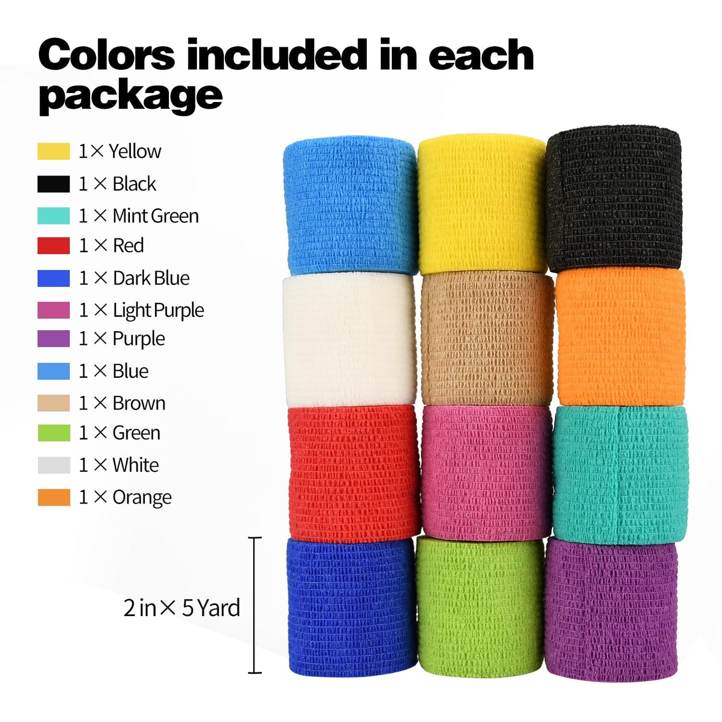 12pcs Self Adhesive Bandage Wraps, 2in 5 Yards, Multicolor