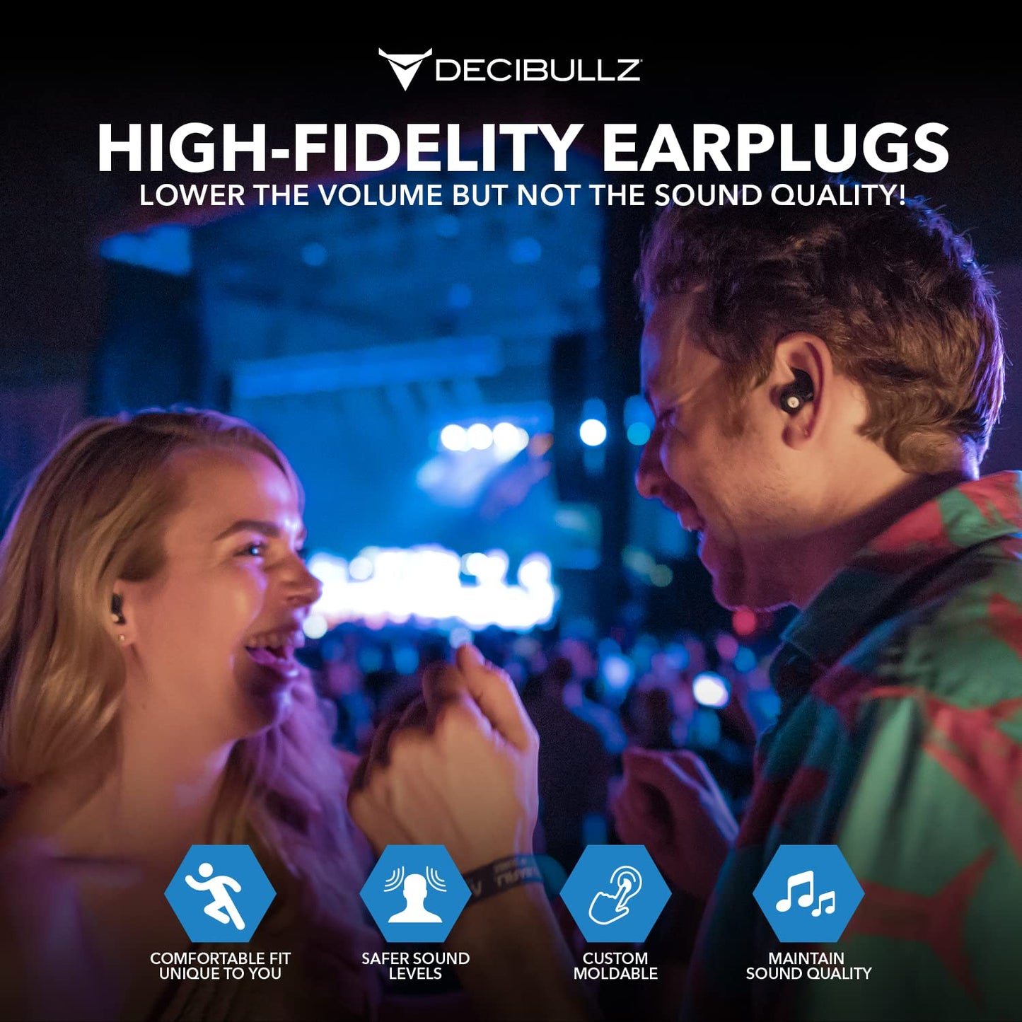 Decibullz Moldable Ear Plugs for Concerts, High Fidelity Hearing Protection for Noise Reduction & Sensitivity, Noise Cancelling Earplugs Perfect for Musicians, Recording Artists, Festivals