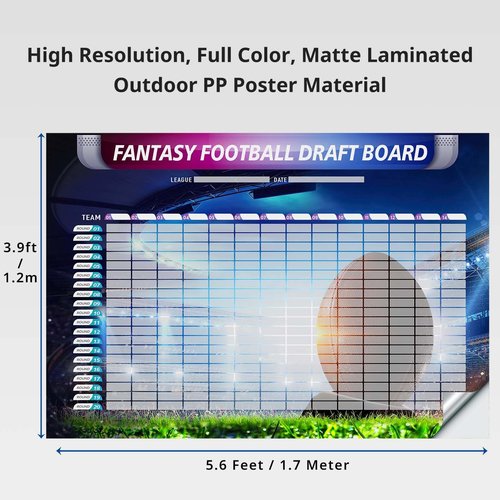 Fantasy Football Draft Board Kit - 2025, XL 6 Feet x 4 Feet, 14 Teams 20 Rounds with 560 Player Labels, Vinyl