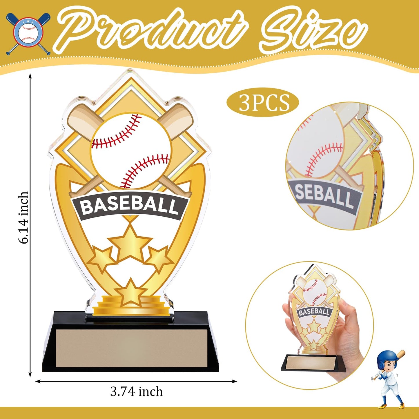 Gerrii Acrylic Trophies Awards with DIY Name Stickers Pack of 3 Champion Trophy Medals Team Reward Gift for Basketball Softball Baseball Competition Contest Tournament, 5.8/6.14/6.38inch