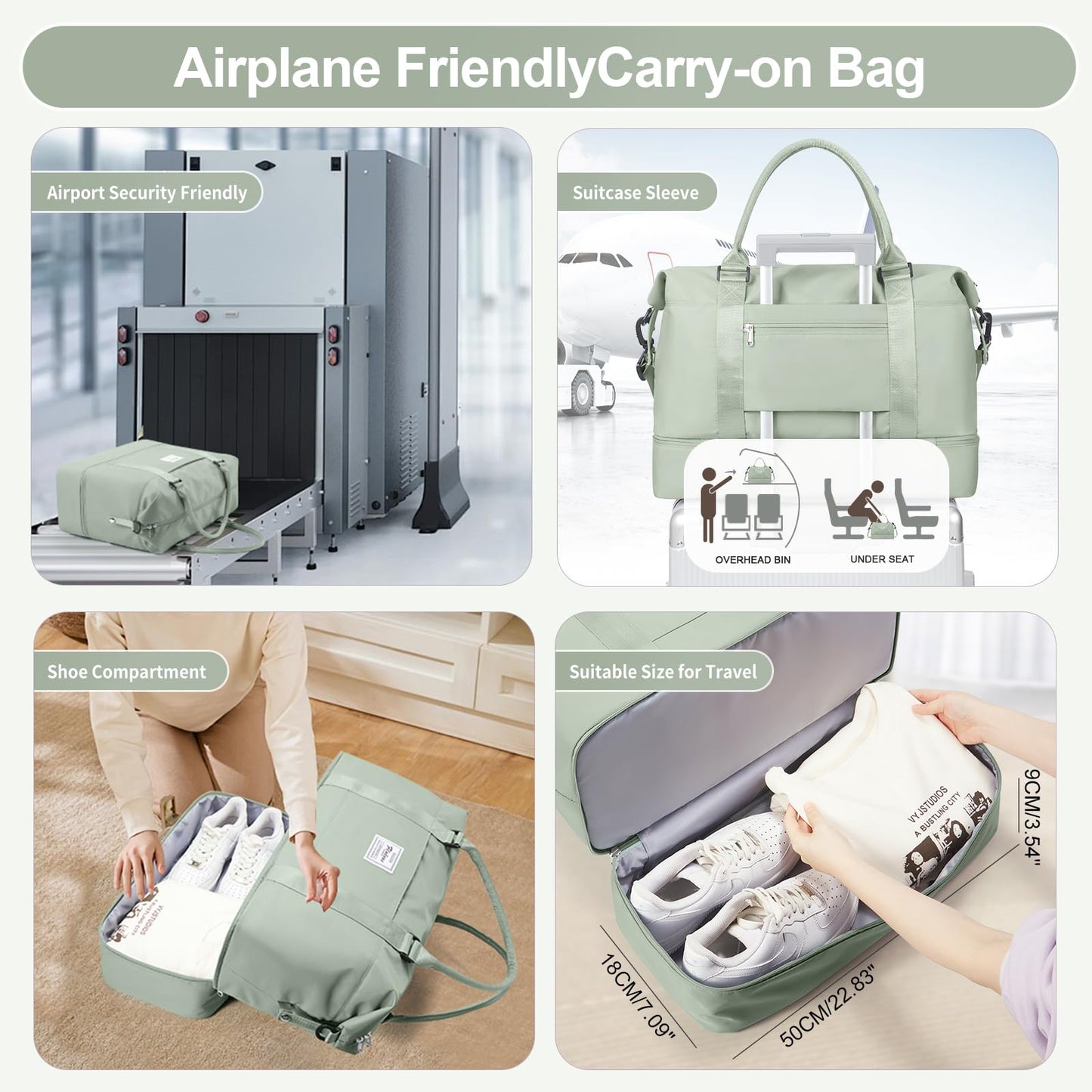 Travel Duffle Bag for Women,Weekender Overnight Bag with Shoe Compartment,Carry on Personal Item Travel Bag,3 Pcs Set,Light Green