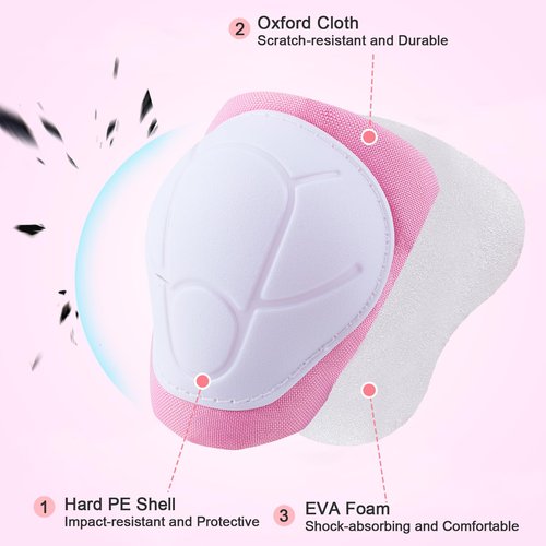 FIODAY Kids Knee and Elbow Pads Wrist Guards Adjustable Protective Gear Set for Girls Boys Inline Skating Biking Skateboard Scooter, Pink, 3-8 Years