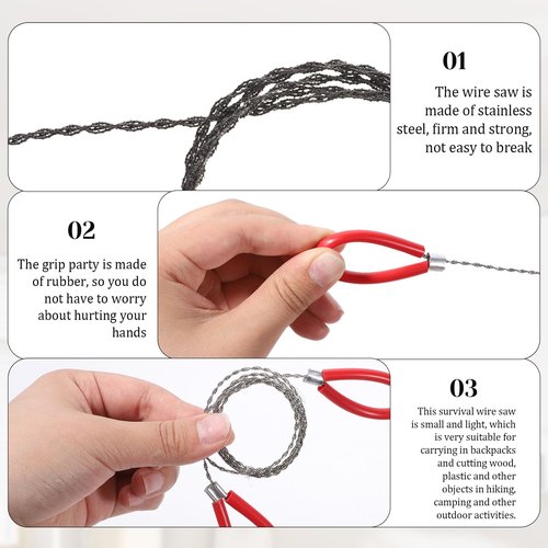 Stainless Steel Cable Saw 2 Pcs Metal Wire Saw Hand Pocket String 27.56 Inch Emergency Survival Rope Cutting Tools PVC Pipe Cutting Tool for Wood Camping Hiking Hunting - Red & Black Handle