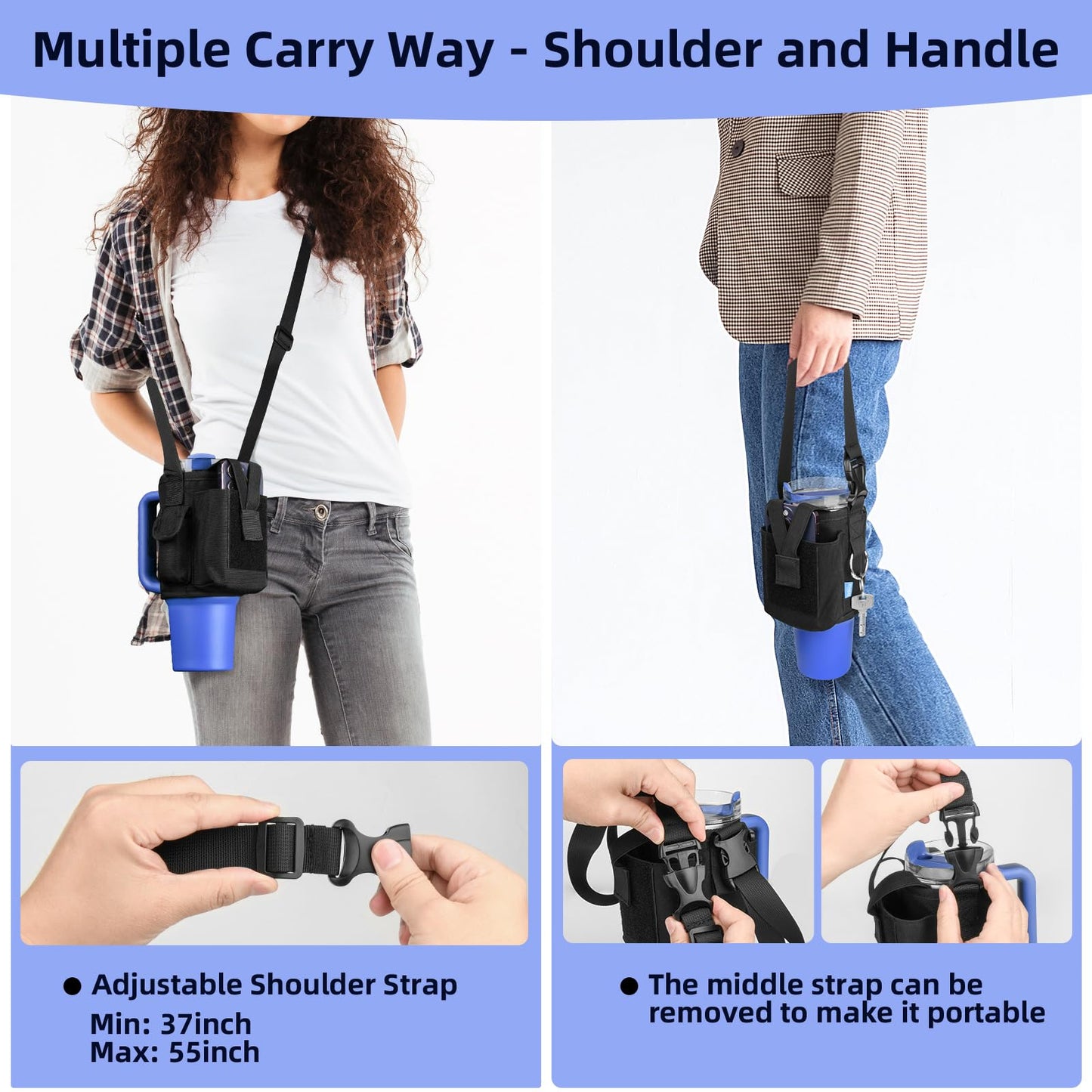 Xxerciz Water Bottle Carrier Pouch with Phone Pocket for Stanley 30 oz Tumbler with Handle, Nylon Water Bottle Holder Pouch with Adjustable Strap for Stanley Cup Accessories, Black