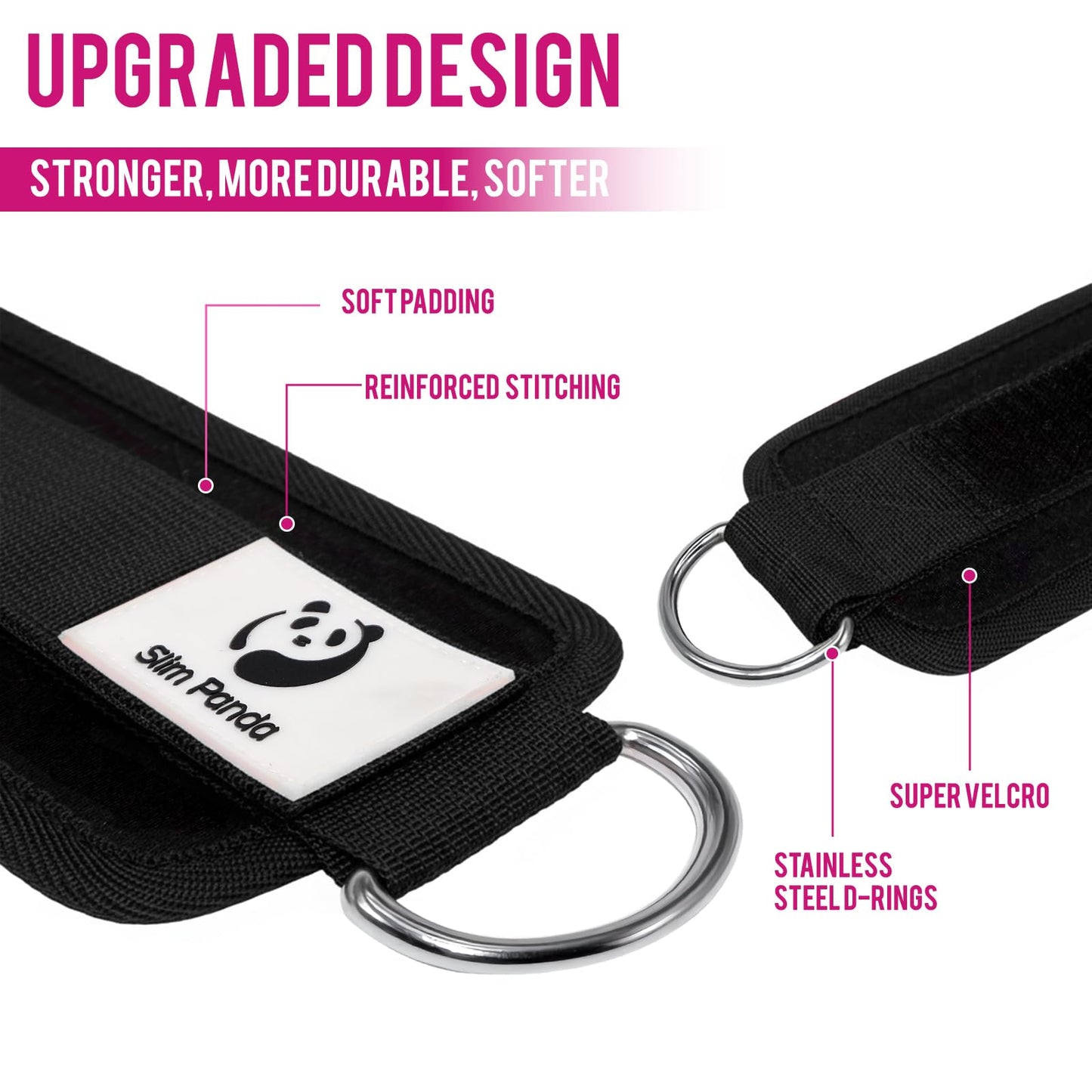 Slim Panda Ankle Strap for Cable Machine,Ankle Cuff for Kickbacks, Booty Hip Abductors,Glute Workouts, Leg Extensions, Curls for Men and Women, Adjustable with Double D-Rings (Single, Black)