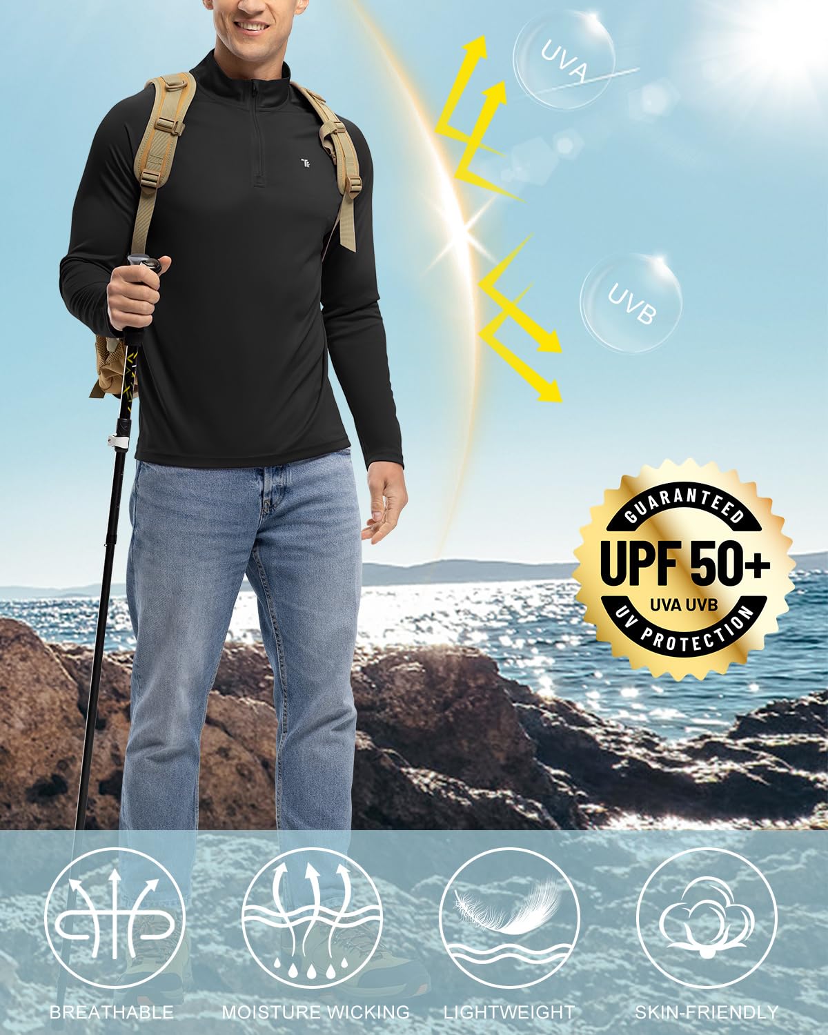 BGOWATU Men's 1/4 Zip Pullover Lightweight Dry Fit Fishing Shirts Long Sleeve Sun Shirts Golf Pullover for Men Black L