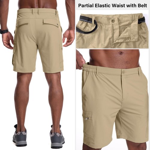 Jessie Kidden Mens Outdoor Casual Expandable Waist Lightweight Water Resistant Quick Dry Fishing Hiking Shorts #6222-Khaki,34