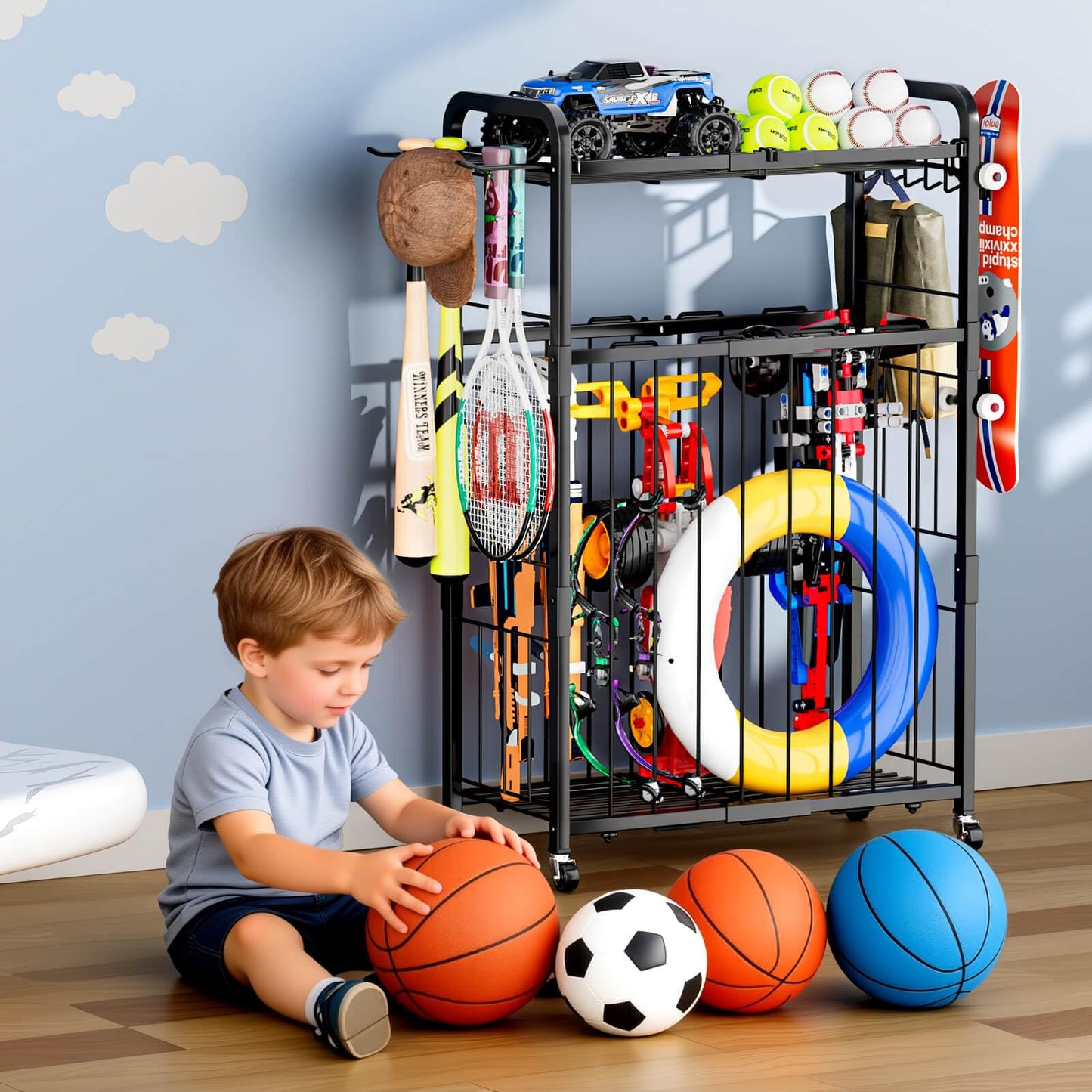 YIWANFW Garage Ball Storage Rack - Sports Equipment Organizer with Wheels, Rolling Sports Ball Cart with Elastic Rope, Outdoor Ball Holder for Basketball Soccer Volleyball Football, Garage Toy Storage