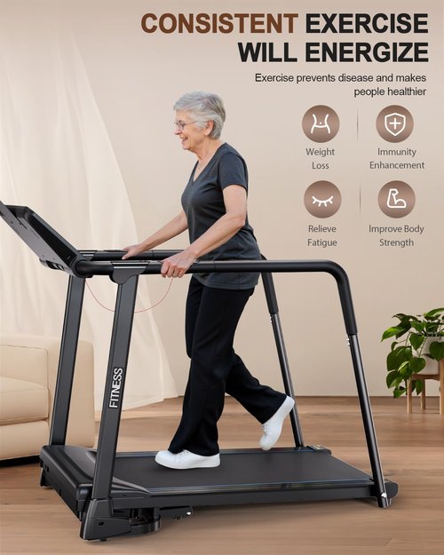 Thalorus Walking Treadmill for Seniors with Full-Length Safety Handrails, Foldable for Small Spaces & Joint-Friendly Deck | Features Reverse-Walk Technology for Balance Training (TPB-3090)