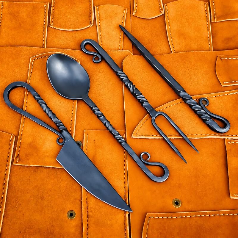 Hand Forged Viking Cutlery Set with Leather Pouch - Black Variation