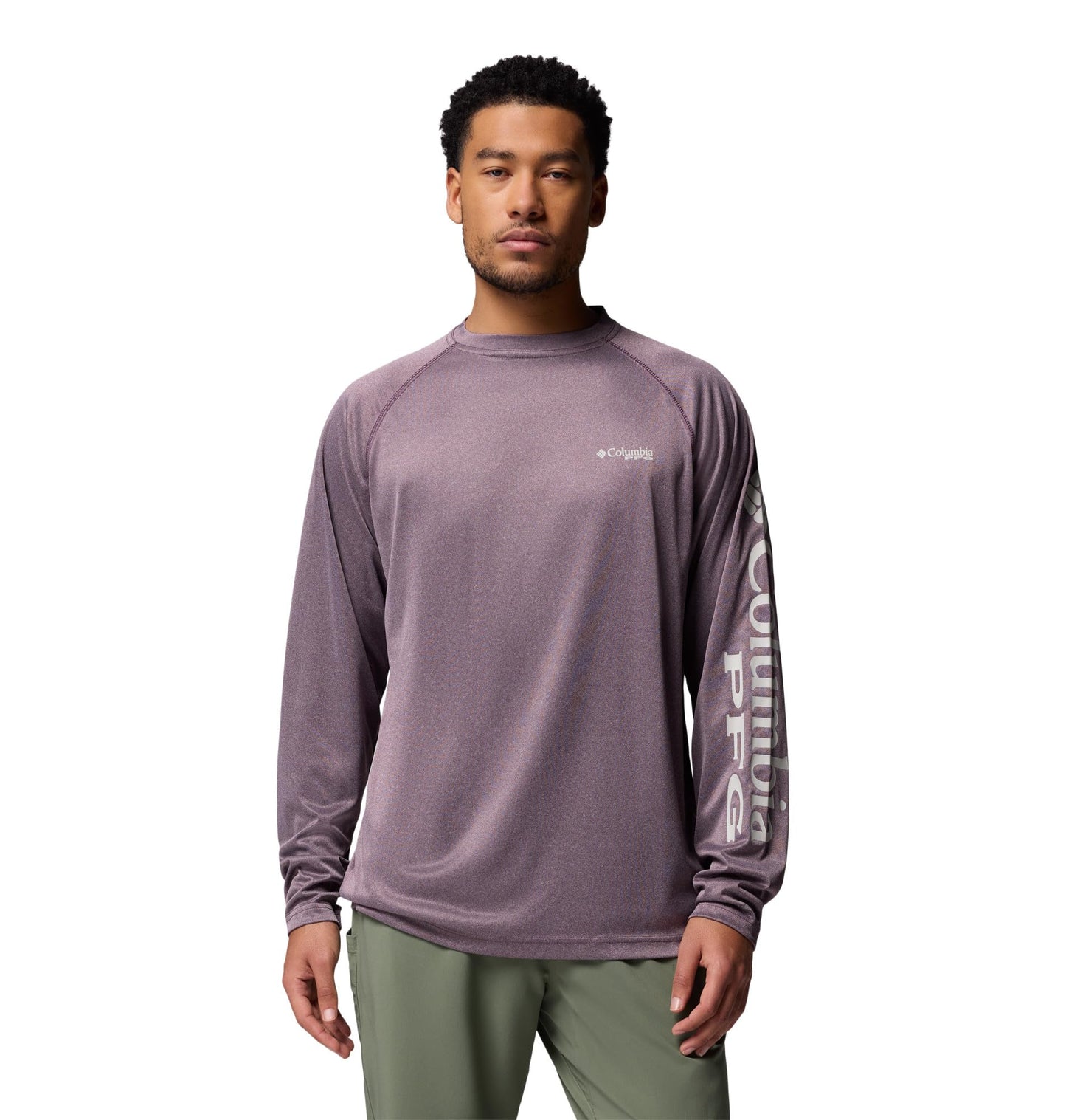 Columbia Men's PFG Terminal Tackle Long Sleeve Fishing Shirt, Dusty Purple Heather/Cool Grey Logo, X-Small
