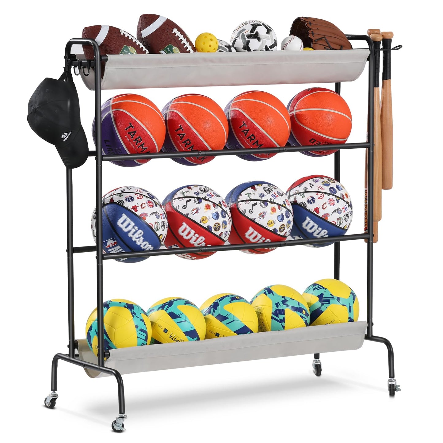 Holbrett Basketball Rack, Rolling Ball Storage Stand with Baseball Bat Holder Storage Cart and Movable Hooks 4-Layer Organizer Holder with Wheels for Volleyball Football Rugby Balls