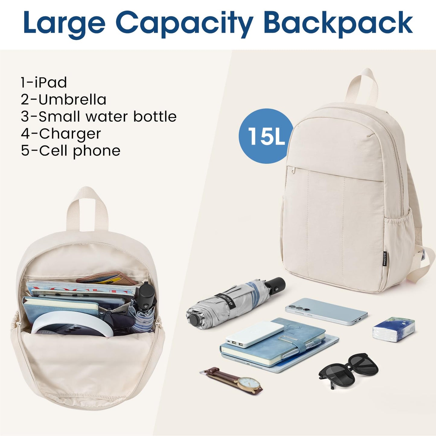 G4Free Mini Backpack for Women Water-resistant Hiking Backpack with Adjustable Shoulder Straps for School Travel Shop Work Casual(BEIGE)