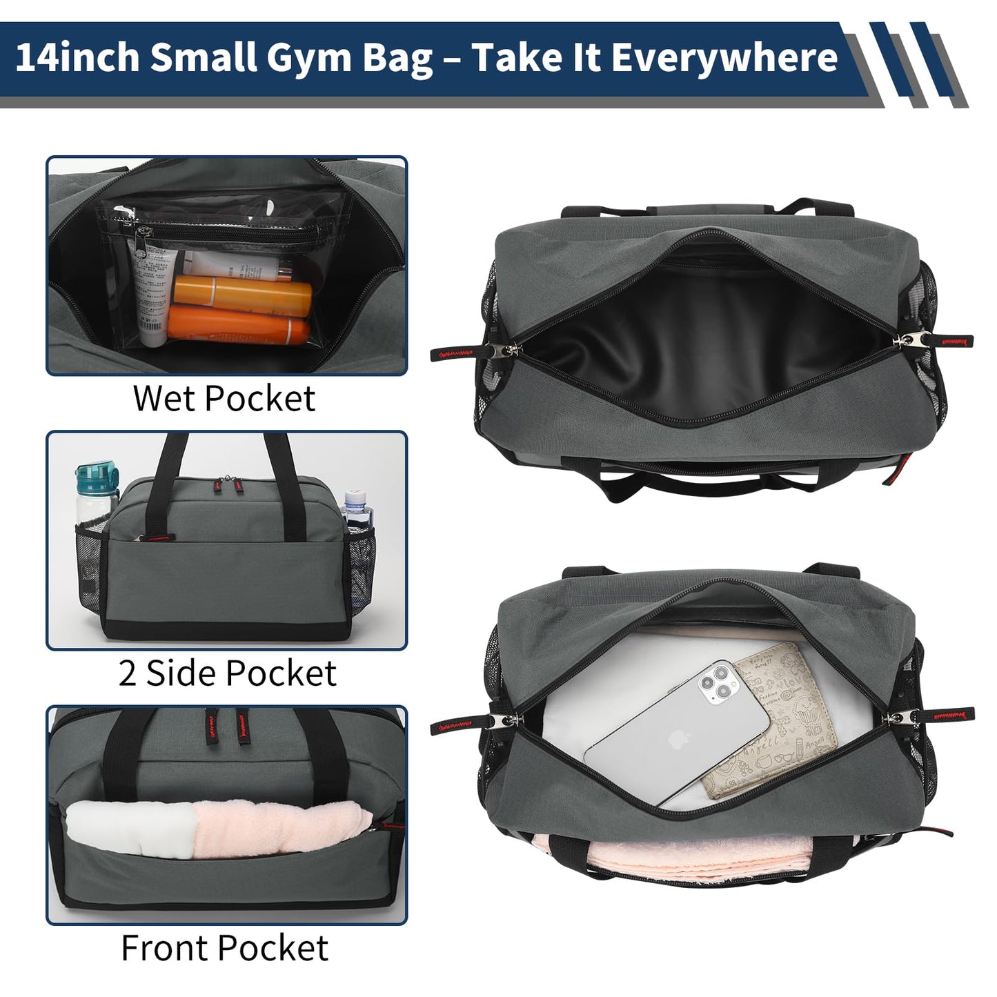 THSOGO Small Gym Bag with Wet Pocket - 14 inch Mini Duffle Bag for Men & Women Lightweight Carry On Bag for Travel Sport - Dark Grey