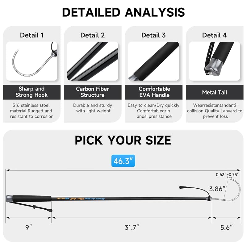 SANLIKE Saltwater Fishing Gaff - Carbon Fiber Shaft, S316 Stainless Steel Hook, 46in (Black)