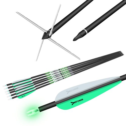DEEPOWER 30" Hunting Carbon Arrows with 6 Pack 125gr Turkey Hunting Broadheads & Lighted Nocks for Compound Bow and Recurve Bow 350 Spine