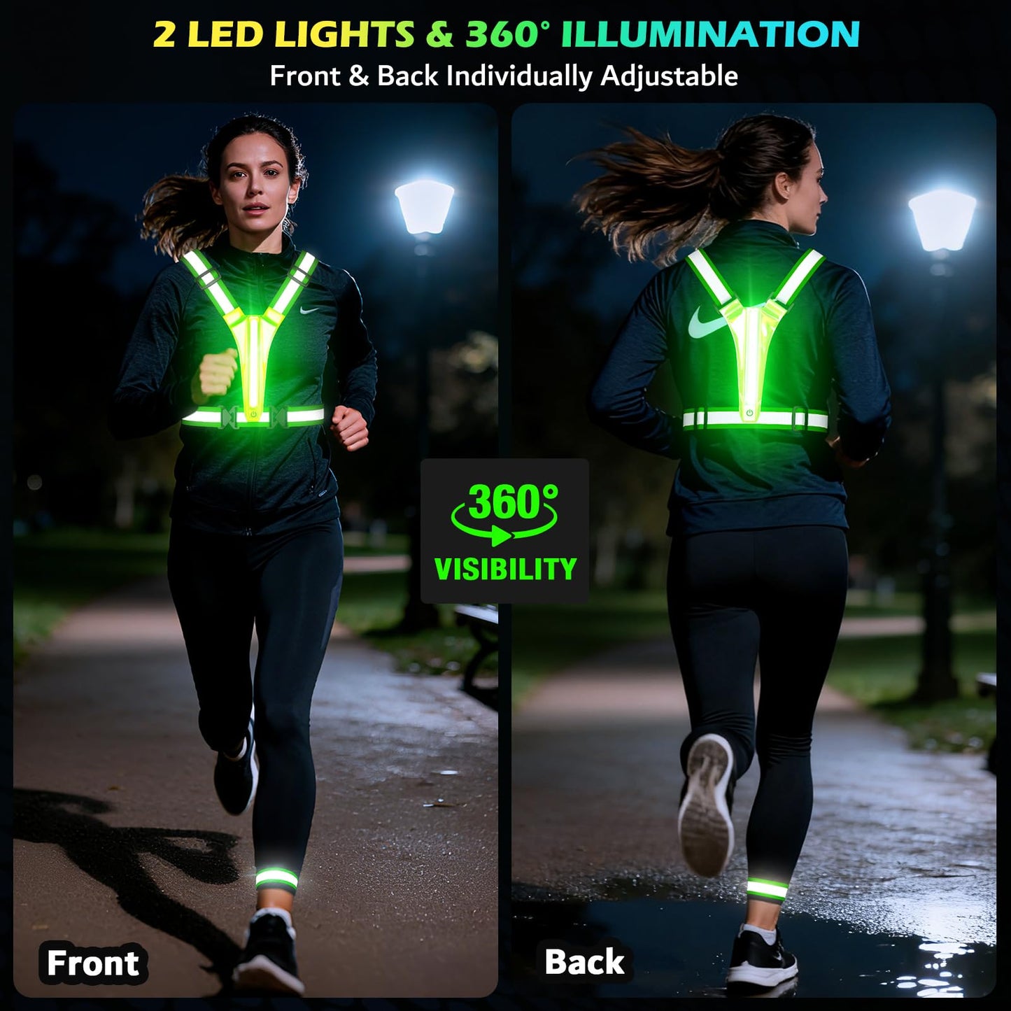 Led Light Up Running Vest Reflective Vest for runners night walking, Rechargeable LED Reflective Running Vest High Visibility with Adjustable Waist/Shoulde, Reflective Armband for Women Men (Green)