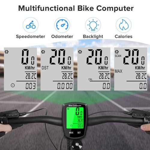 Bike Computer and Bicycle Odometer Wireless MPH KM/H Bike Speedometer with Automatic Wake-Up Cycling Speed Tracker Display & Single Mileage & Multi-Functions & Calories Statistics Accessories
