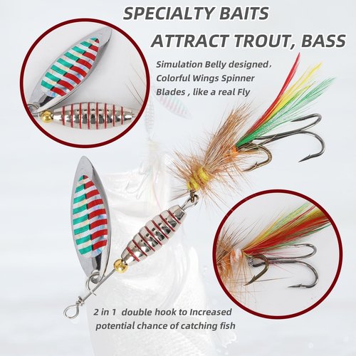 DAMIDEL 6pcs Fly Fishing Strikers kit,1/4oz 1/3oz Mixed, Simulation Colorful Belly and Wings Spinner Ever,Specialty Hand-Tied Rooster Bait for Trout, Bass, Steelhead Fly Fishing Dry Flies Tackle Box
