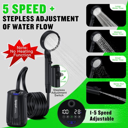 Spopal Portable Camping Shower - 10000mAh Rechargeable, 5-Speed, IPX8 Waterproof, LED Display Camp Shower Pump- Perfect for Hiking, Travel, Cars & Pets (Black)