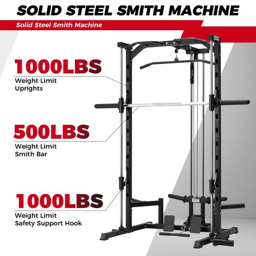 RitFit Smith Machine Power Rack with LAT-Pull Down System, Landmine, Barbell Bar, Plate Storage Pegs and More Training Attachment, 1000 LBS Multifunction Squat Rack for Home Gym
