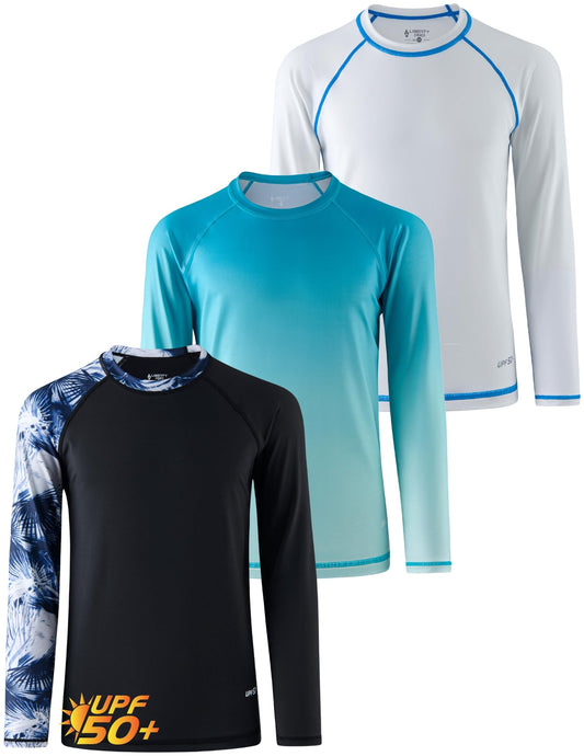 3 Pack Boys' UPF 50+ Rash Guard Long Sleeve Swim Shirts, Quick Dry UV Protection Swimwear for Kids (Set 2, X-Small)