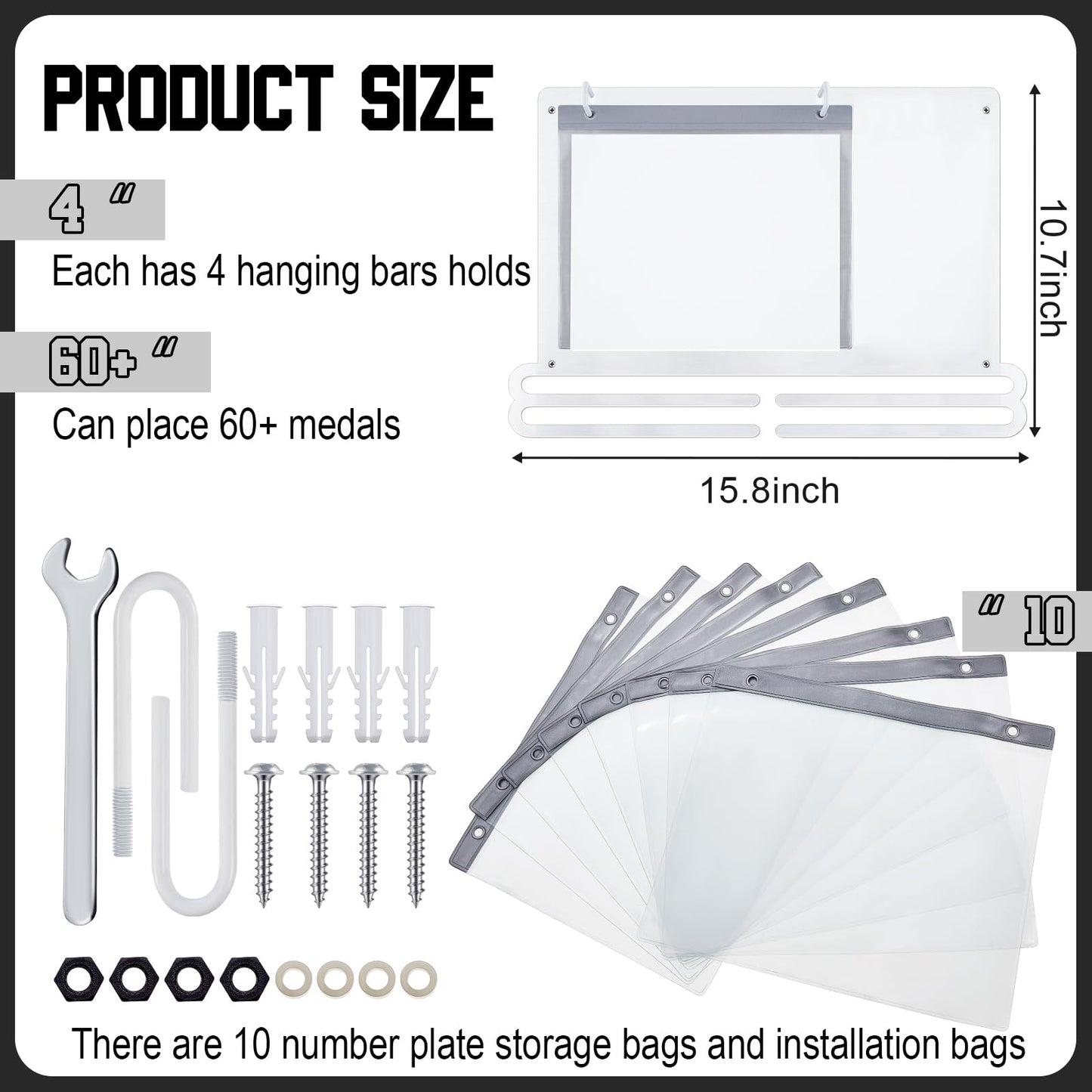 Moxweyeni Race Medal and Bib Display Medal Hanger Running Bib Holder Wall Mounted Hanging Rack stands Gifts for Runners(White,15.8 x 10.7 Inch,Stylish)