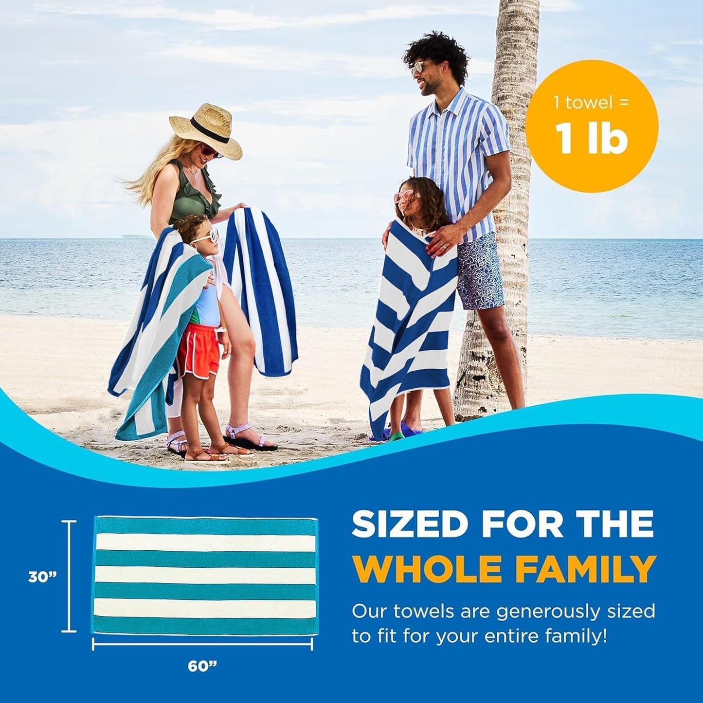 Kaufman - Large Beach Towels | 30" x 60" Terry Cabana Striped | Absorbent, Quick-Drying | 100% Cotton Thick Beach Towels (Blue & Turquoise) (2-Pack)