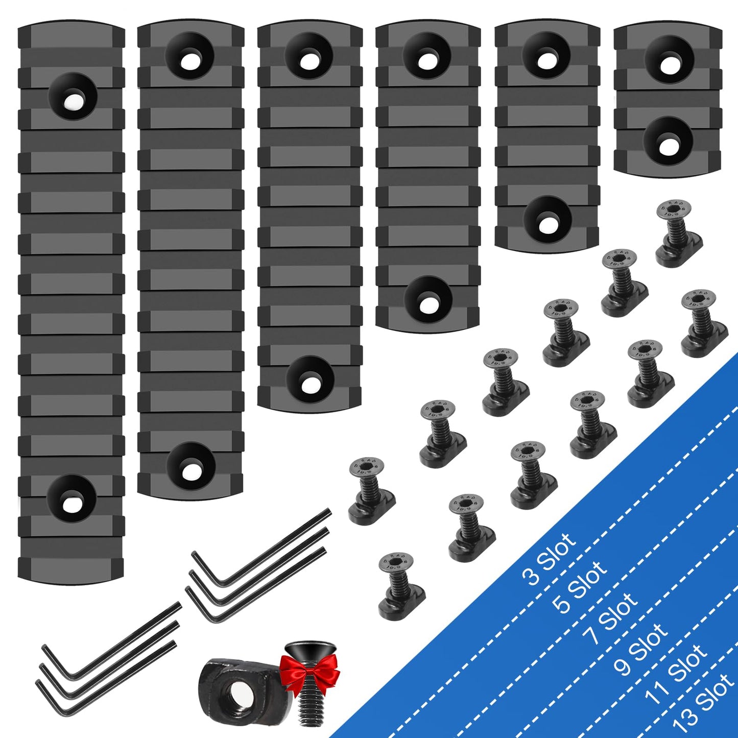 Bontok Single Picatinny Polymer Accessory Rail Set for 3 5 7 9 11 13 Slots with 13 T-Nuts & Screws, 6 Wrench- Rounded Corner-Polymer