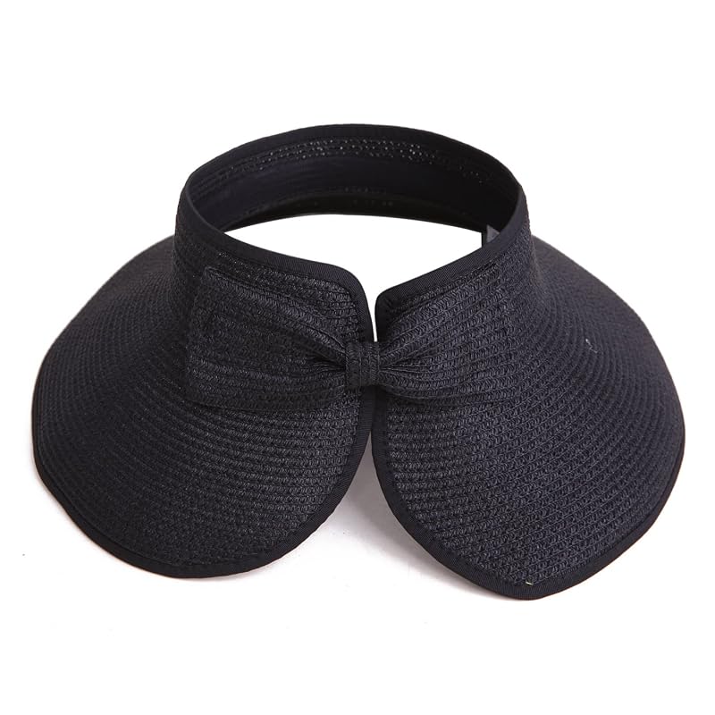 HDE Sun Visor Hat for Women - Packable Ponytail Visor with Bow, Black, One Size