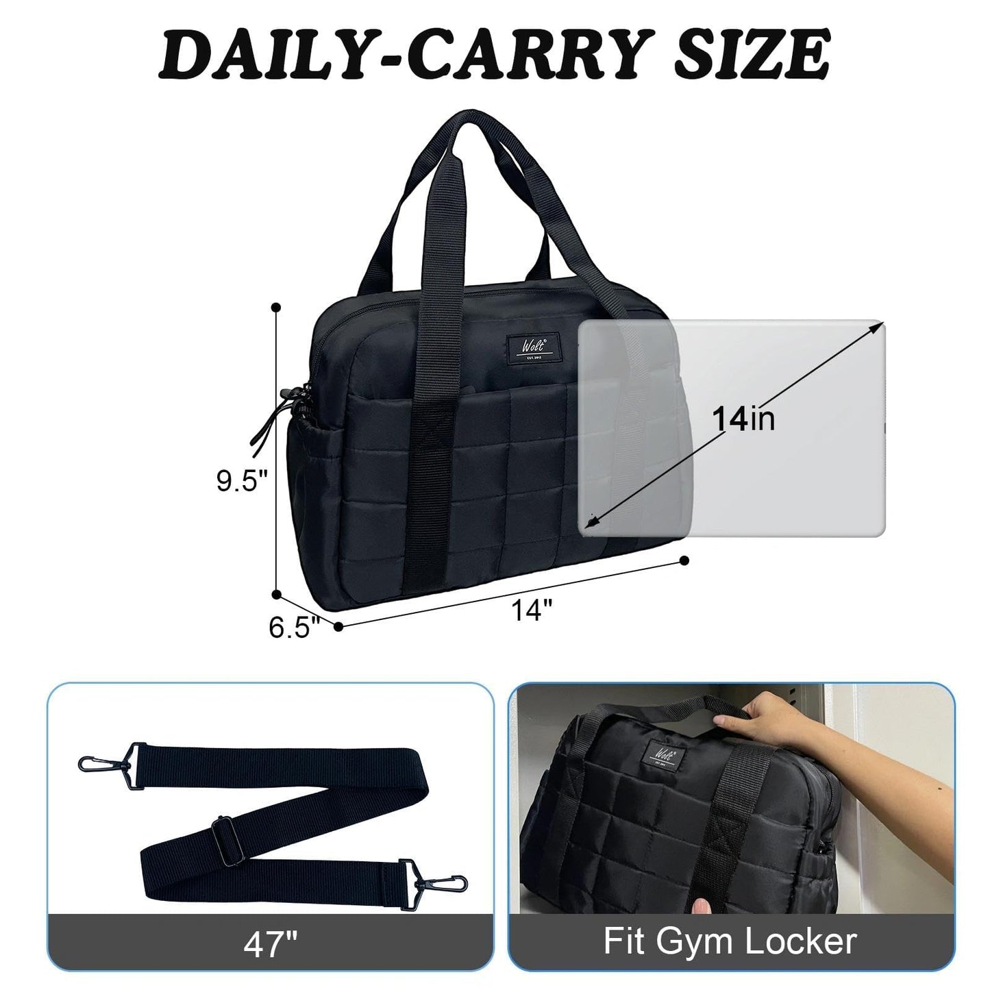 WOLT Small Gym Bag for Women, 14 inch Lightweight Gym Duffle Bag with Wet Compartment Quilted Tote for Sports Workout, Black
