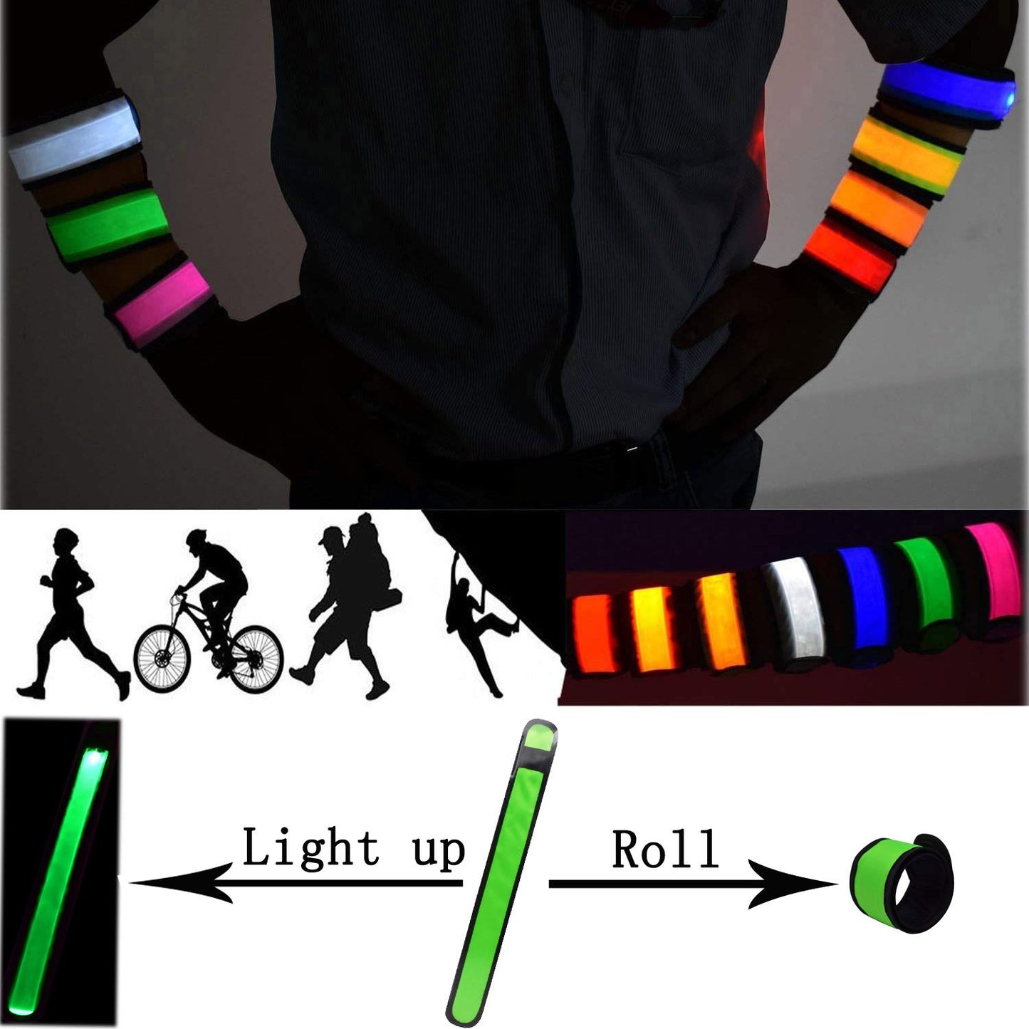 AMNQUERXUS LED Glow Slap Bracelet Light Up Wristband High Visibility Safety Gear for Cycling Walking Running Concert Camping Outdoor Sports-Fits Women Men (7 Pack - Colorful)