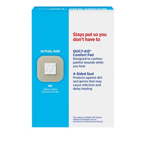 BAND-AID Brand Sheer Spots Adhesive Small Square Bandages, Sterile, Individually Wrapped Discreet First Aid & Wound Care for Minor Cuts & Scrapes, Quilt-Aid Comfort Pads, One Size, 50 ct