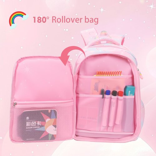 QJHEC Kawaii Starry Rainbow Backpack for Girls – Butterfly Bookbag with Fluffy Charm, Pencil Case & Study Set for Kids & Teens – Pink 17.5inch
