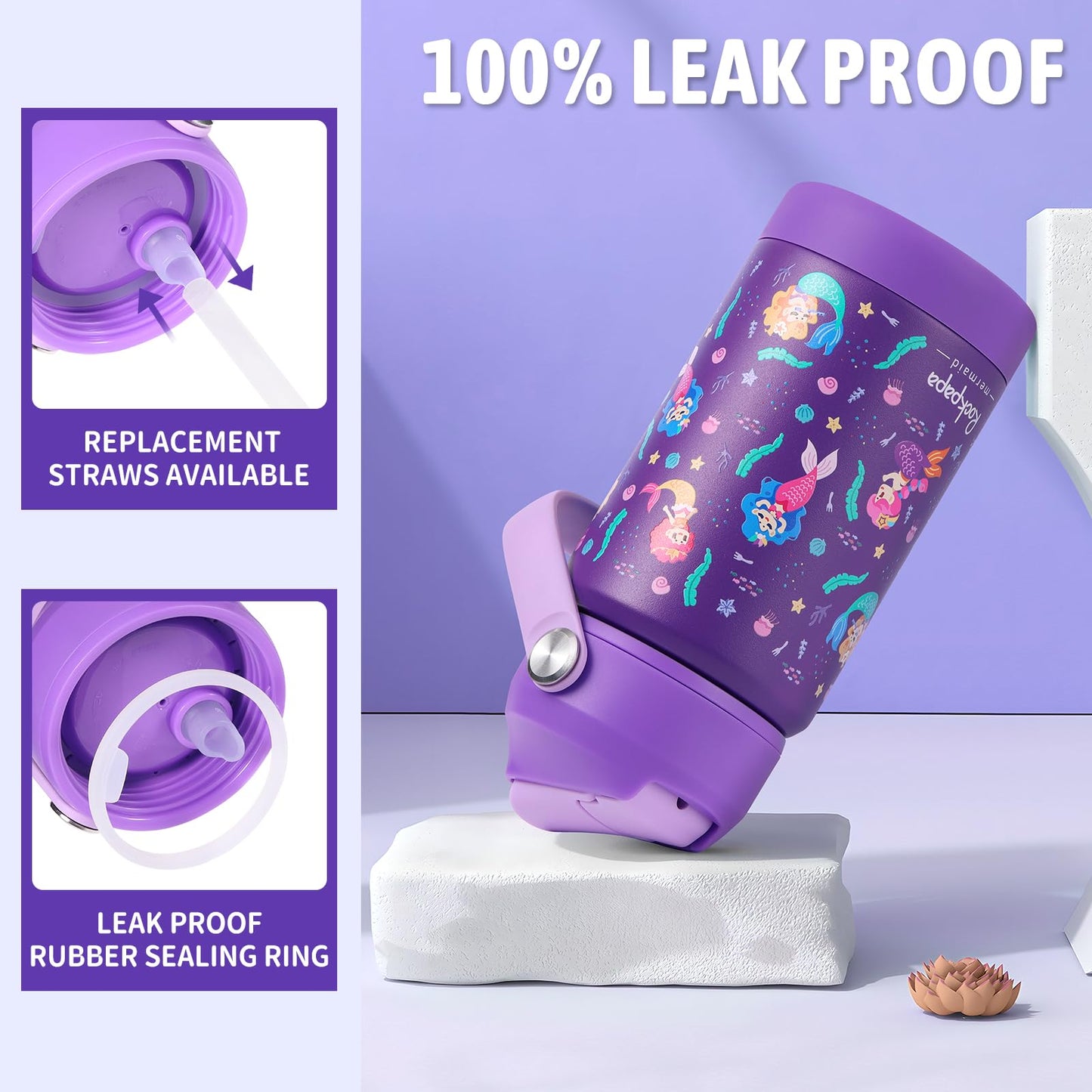 rockpapa 14 oz Kids Insulated Water Bottle，Stainless Steel Toddler Cups with Straws, BPA Free, Leak-Proof, Kids Water Bottle for School Boys& Girls (Purple Mermaid)