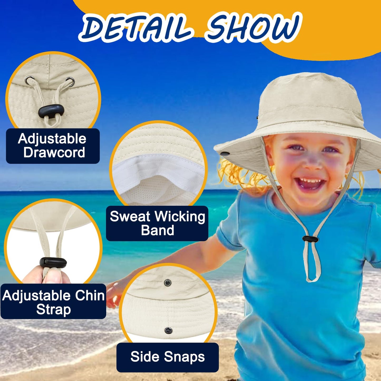 Outdoor Kids Sun Hat UPF 50+ Quick Dry Foldable Bucket Hat Lightweight Adjustable Fishing Safari Hat for Girls and Boys Beige