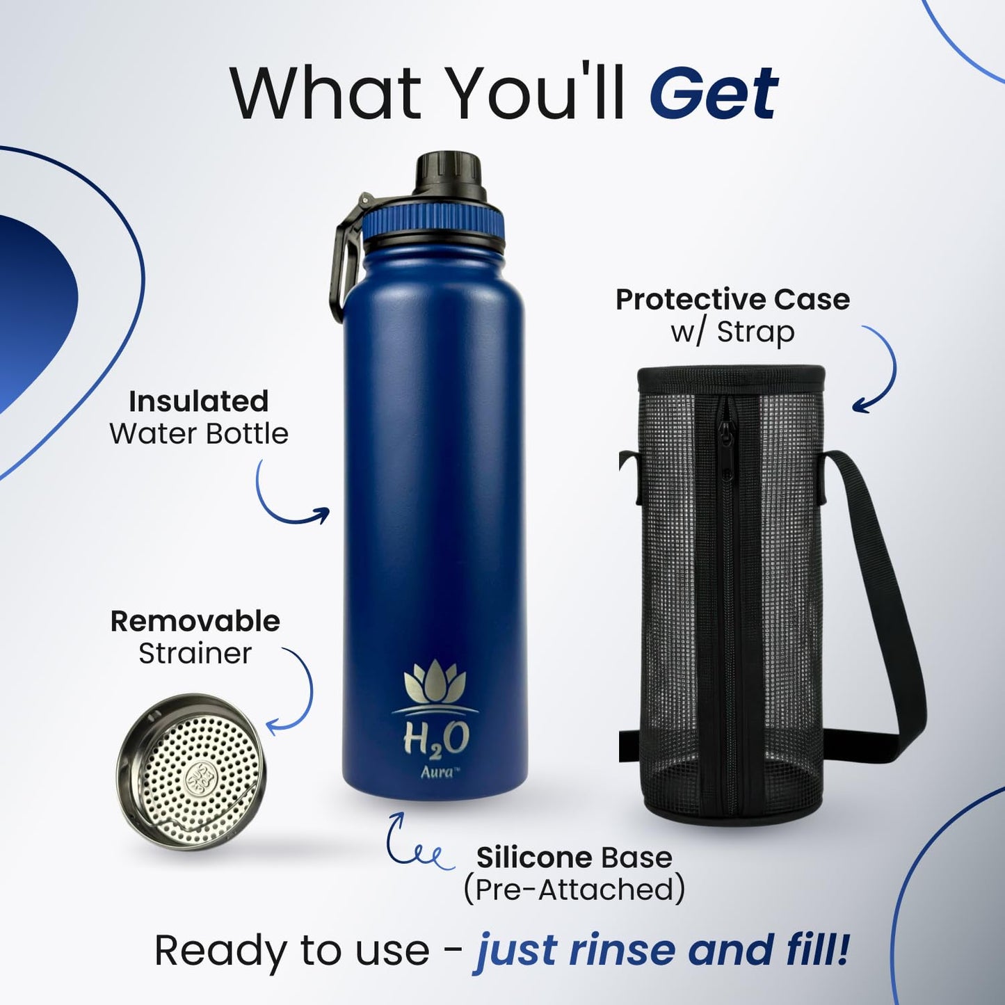 Premium 1 Liter Water Bottle (33.8 oz) with Carrying Case & Strap - Double Wall Vacuum Insulated Stainless Steel Water Bottle - Leakproof Lid, Wide Mouth, BPA-Free, Removable Strainer – Black