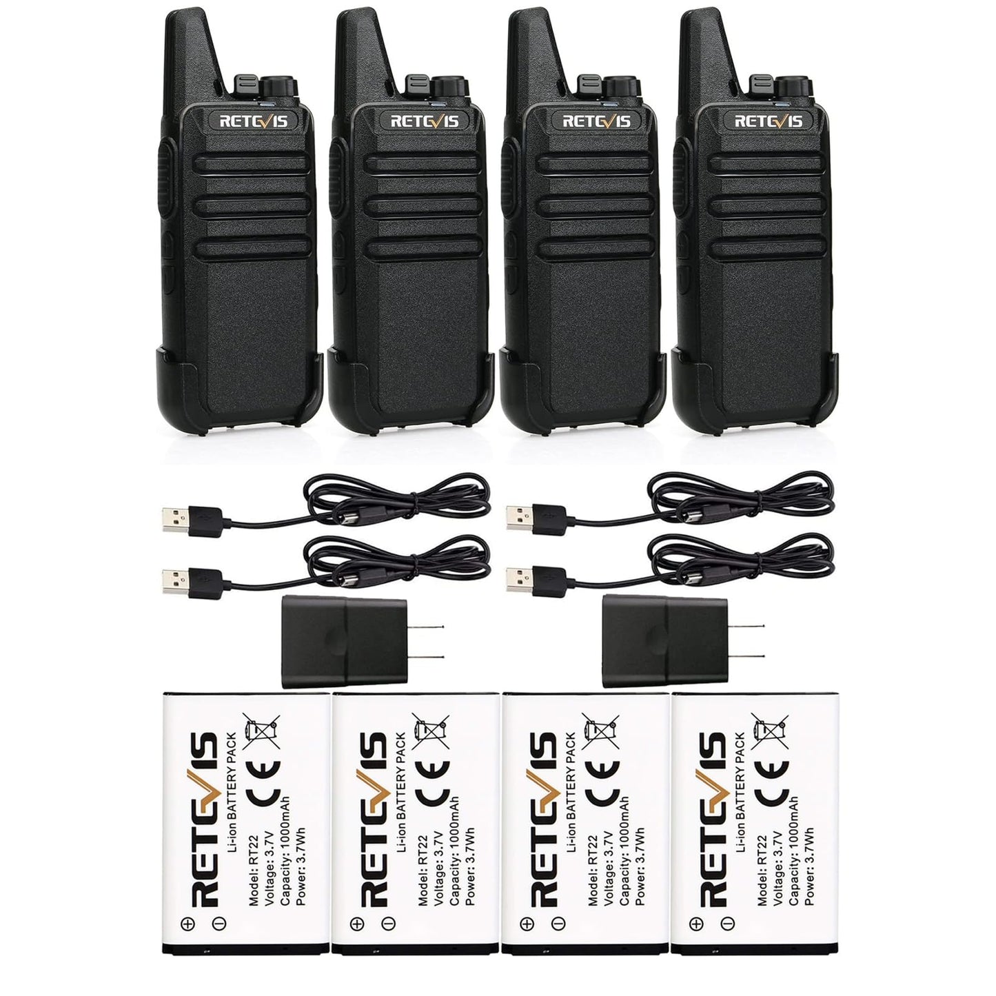 Retevis RT22 Walkie Talkies (4Pack) Bundle with Battery (4Pack),Portable 2 Way Radio, USB Charging, Handsfree Walkie Talkies for Adults Cruise Hiking Hunting Skiing