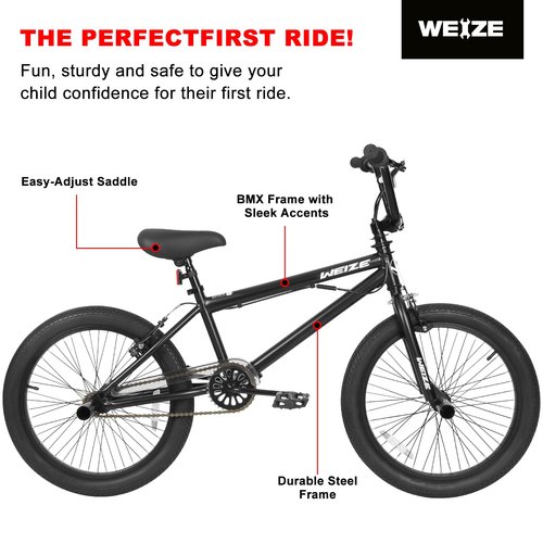 WEIZE Freestyle BMX Bike, 20 inch Trick Bicycle for Kids, Hi-Ten Steel Frame, 360 Degree Rotor Freestyle, 4 Pegs Single Speed Teen Bike for Boys Girls & Beginner-Level to Advanced Riders, Matte Black