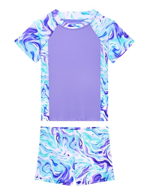Tziharora Girls Swimsuit Size 5-6 Years Old Purple Green River Short Sleeve Rash Guard Bathing Suits 2 Pieces