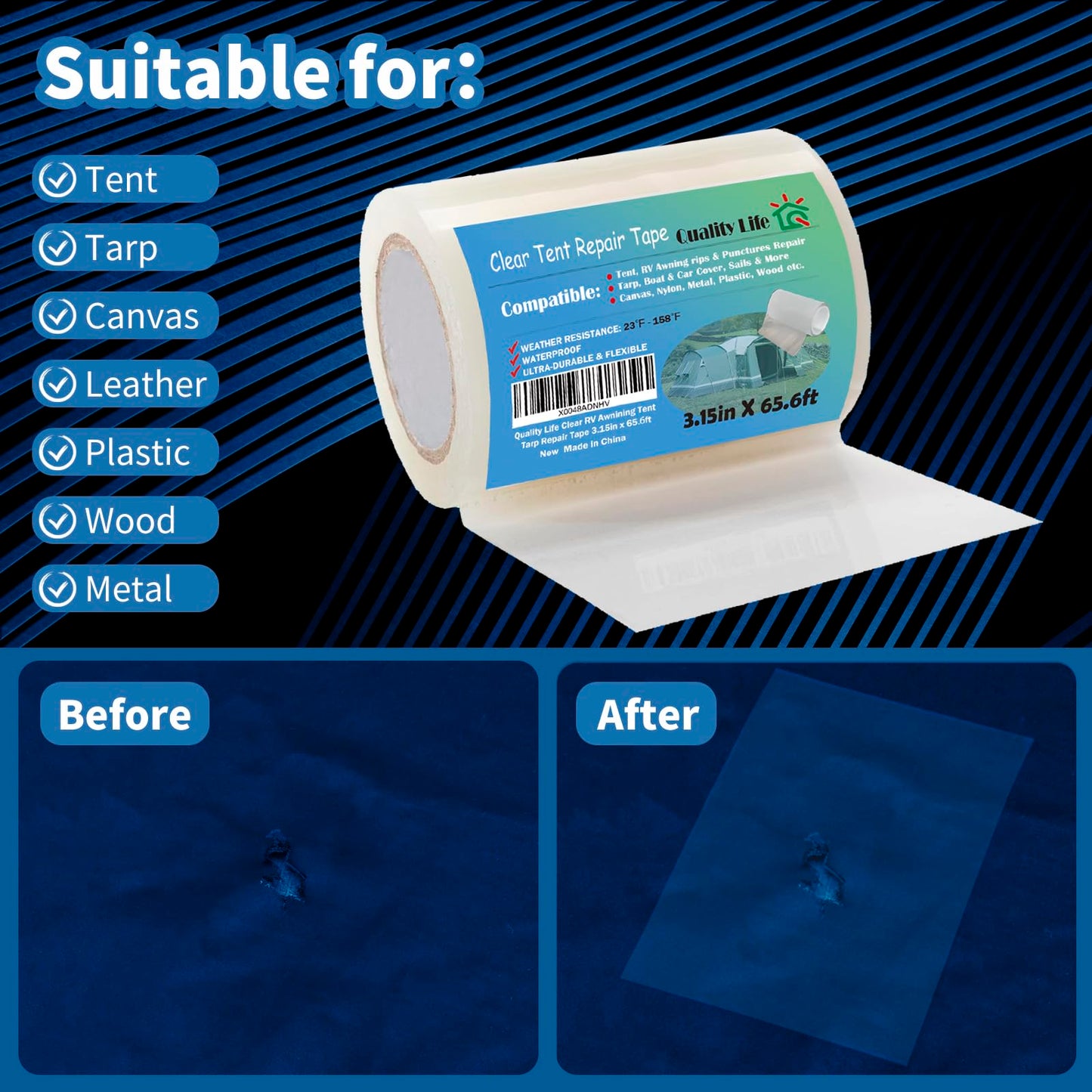 Quality Life RV Awning Repair Tape，Clear Tent Repair Tape Waterproof, for Tarp,Canvas，Boat Covers, Sail, Heavy Duty High Adhesive - 3.15in x 65.6ft