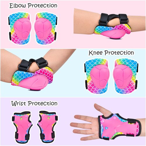 PAMAID Knee Pads for Kids Adjustable Protective Gear Set with Mesh Bag Knee Pads and Elbow Pads Wrist Guard for Girls Kids Roller Skates Cycling Skateboard Scooter, 3-8 Years (Pink Mermaid)