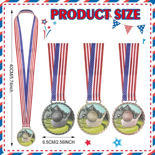 Huquary 3 Pcs Golf Color Medal Gold Silver Bronze Golf Ball Award Medals with Neck Ribbon for Kids Adults Sports Tournament