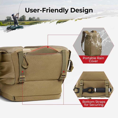 Piscifun Fishing Tackle Backpack with Rod & Gear Holder, Lightweight Outdoor Water-Resistant Fishing Shoulder Storage Bag with Protective Rain Cover, Khaki