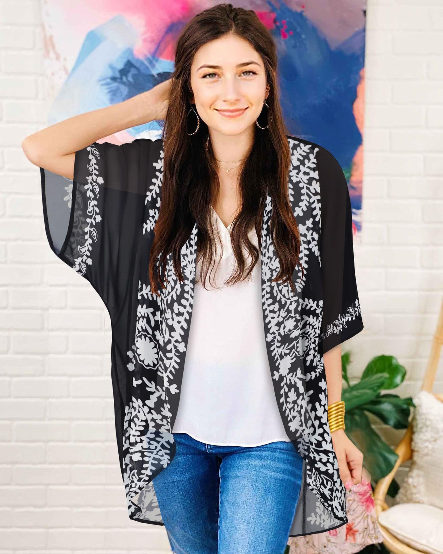 Womens Floral Kimono Cardigans Beach Cover Tops Loose Puff Sleeve Casual Blouse (C Black Flower, 3XL)