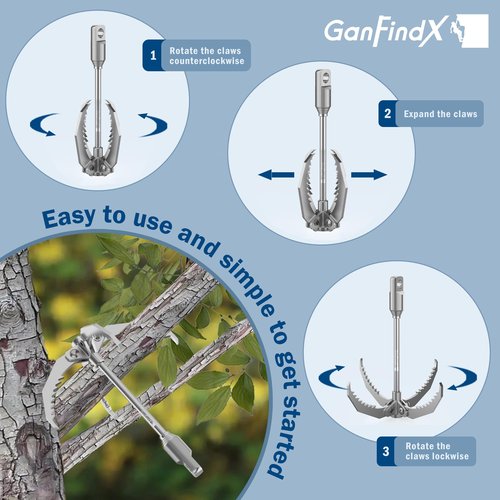 GanFindX PRO Grappling Hook W / 65 FT Rope, Heavy Duty | Folding 4-Claw Survival Claw, Multi-Purpose SUS Sawtooth Hook for Outdoor Camping Hiking Tree Rock Mountain Climbing (Aluminum-Rear Circle)